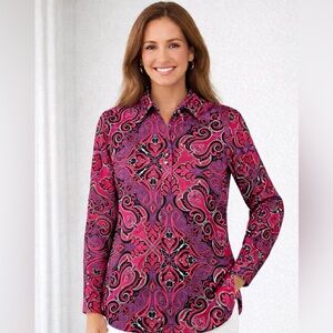 Chicos No Iron Paisley Button Up Shirt Blouse Sz 3 XL Magenta Pink Black Vibrant